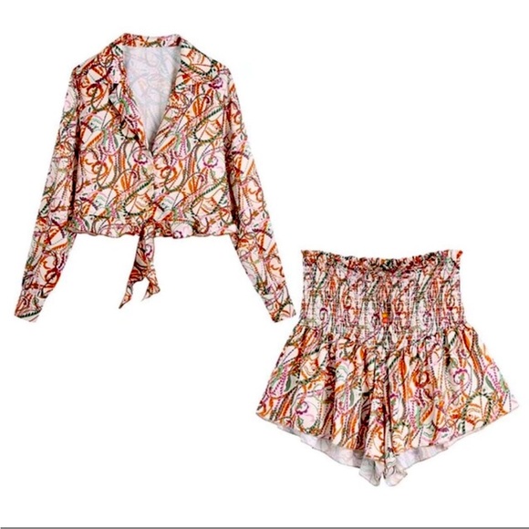 Zara Satin Effect Printed Set Ecru Orange XS Culottes Johnny Collar Crop - Picture 1 of 15
